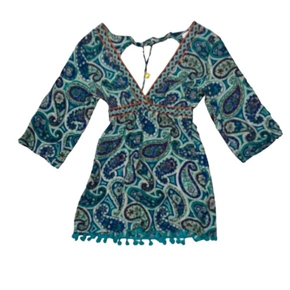 Trina Turk dress Women's XS blue green patterned mini low V neck open back - Picture 8 of 8